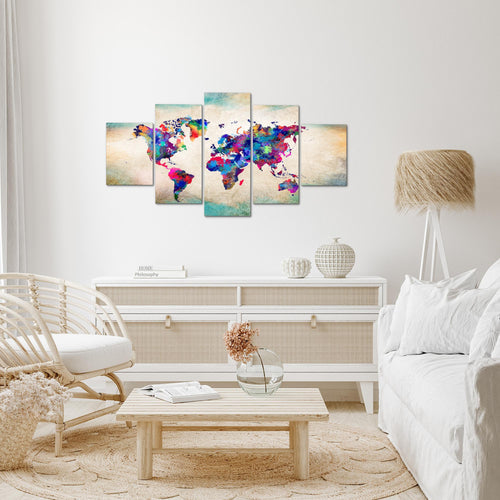 Runa Art Wandbilder Weltkarte 5 Teilig Bild auf Vlies Leinwand Deko Büro Wohnzimmer Vintage Kontinente Bunt 013352a