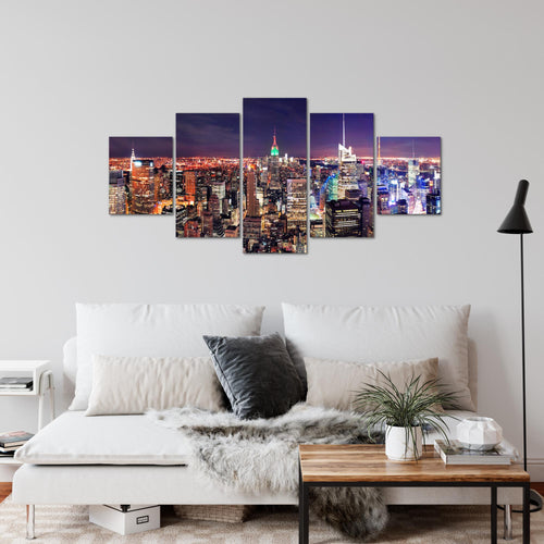 Runa Art Wandbilder New York Skyline 5 Teilig Bild auf Vlies Leinwand Deko Wohnzimmer Büro Städte Violett Lila 036252a
