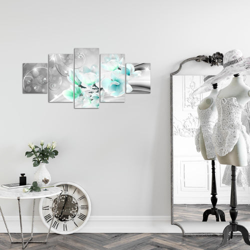 Runa Art Wandbilder Blumen Abstrakt 5 Teilig Bild auf Vlies Leinwand Deko Wohnzimmer Diamant Grau Türkis 035352c