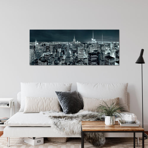 Runa Art Wandbild New York Skyline 1 Teilig 100 x 40 cm Modern Bild auf Vlies Leinwand USA Wohnzimmer Büro Türkis Blau 036212b