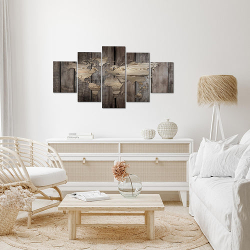 Runa Art Wandbilder Weltkarte 5 Teilig Bild auf Vlies Leinwand Deko Büro Wohnzimmer Holzoptik Beige Braun 035052b