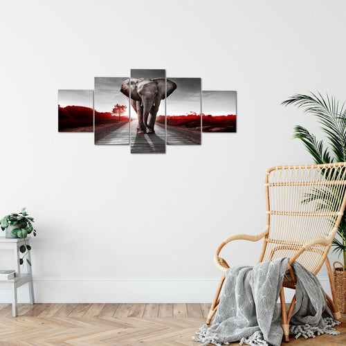 Runa Art Wandbilder Afrika Elefant 5 Teilig Bild auf Vlies Leinwand Deko Wohnzimmer Schlafzimmer Tiere Rot Grau 042652b