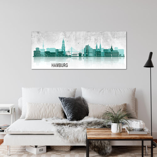 Runa Art Wandbild Hamburg 1 Teilig 100 x 40 cm Modern Bild auf Vlies Leinwand Abstrakt Wohnzimmer Schlafzimmer Türkis Grau 035912b