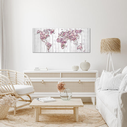 Runa Art Wandbild Weltkarte Blumen 1 Teilig 100 x 40 cm Modern Bild auf Vlies Leinwand Vintage Wohnzimmer Grau Rosa 023212b