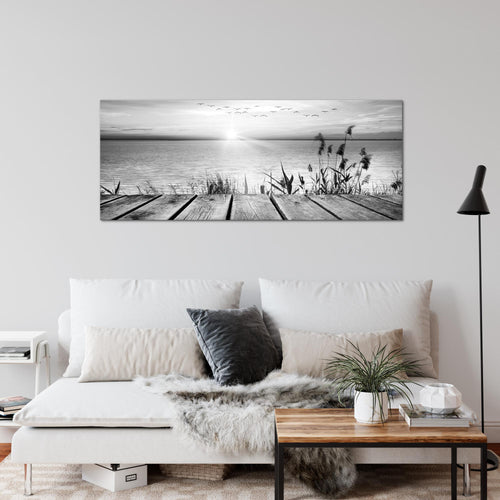 Runa Art Wandbild Brücke Am See 1 Teilig 100 x 40 cm Modern Bild auf Vlies Leinwand Landschaft Wohnzimmer Schlafzimmer Schwarz Weiss 034312c