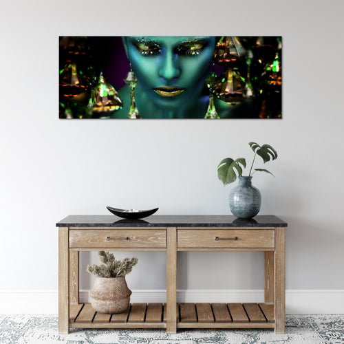 Runa Art Wandbild Frau Gesicht Lippen 100 x 40 cm Modern Bild auf Vlies Leinwand Kosmetik Fashion Wohnzimmer Schlafzimmer Türkis Gold 042112a