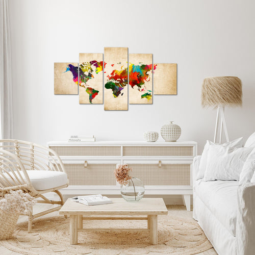 Runa Art Wandbilder Weltkarte 5 Teilig Bild auf Vlies Leinwand Deko Büro Wohnzimmer Kontinente Landkarte Bunt 105152a