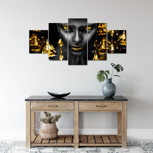 Runa Art Wandbilder Frau Gesicht Lippen 5 Teilig Bild auf Vlies Leinwand Deko Wohnzimmer Schlafzimmer Kosmetik Fashion Schwarz Gold 042152c
