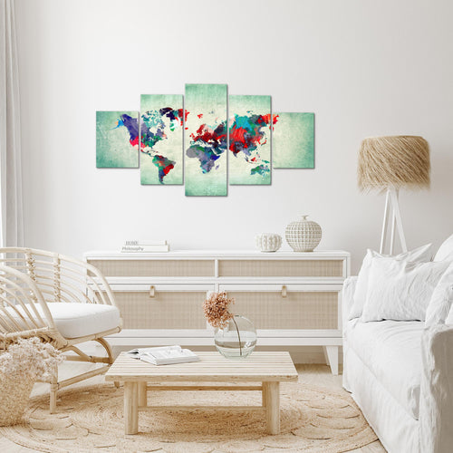 Runa Art Wandbilder Weltkarte 5 Teilig Bild auf Vlies Leinwand Deko Büro Wohnzimmer Kontinente Bunt Grün 105152b