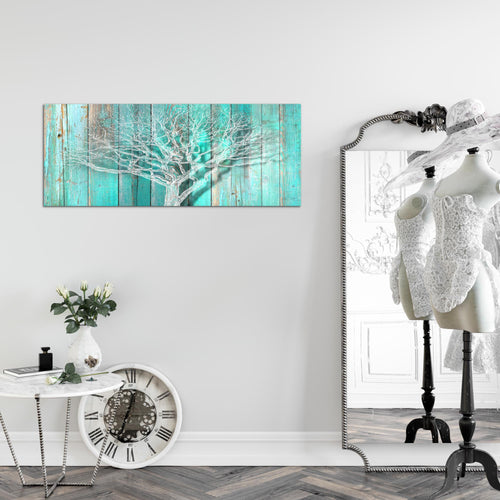 Runa Art Wandbild Baum Abstrakt 1 Teilig 100 x 40 cm Modern Bild auf Vlies Leinwand Holzmotiv Wohnzimmer Türkis Grau 039912c