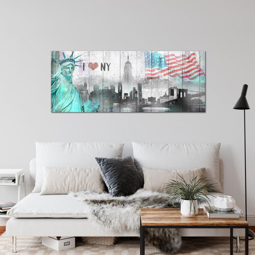Runa Art Wandbild New York City 1 Teilig 100 x 40 cm Modern Bild auf Vlies Leinwand Städte Wohnzimmer Büro Grau Türkis 034212a