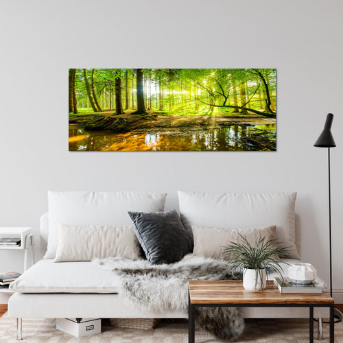 Runa Art Wandbild Landschaft 100 x 40 cm Modern Bild auf Vlies Leinwand Grün Wohnzimmer Schlafzimmer Büro Wald 611712a