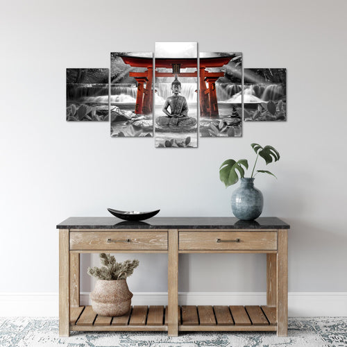 Runa Art Wandbilder Feng Shui Buddha 5 Teilig Bild auf Vlies Leinwand Deko Wohnzimmer Schlafzimmer Zen Rot Grau 036452c