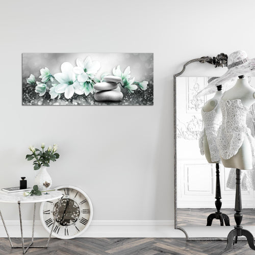 Runa Art Wandbild Blumen Magnolien 1 Teilig 100 x 40 cm Modern Bild auf Vlies Leinwand Abstrakt Wohnzimmer Grau Türkis 035412b