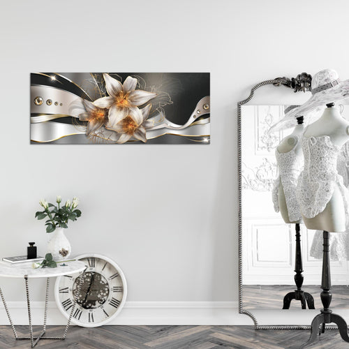 Runa Art Wandbild Blumen Lilien 1 Teilig 100 x 40 cm Modern Bild auf Vlies Leinwand Abstrakt Wohnzimmer Gelb Gold 039612a