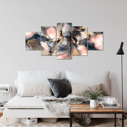Runa Art Wandbilder Abstrakt 5 Teilig Bild auf Vlies Leinwand Deko Wohnzimmer Schlafzimmer Pastel blau rosa Gold 043852a