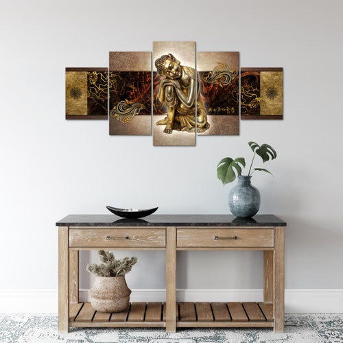 Runa Art Wandbilder Buddha Zen 5 Teilig Bild auf Vlies Leinwand Deko Wohnzimmer Schlafzimmer Feng Shui Gold 041352a