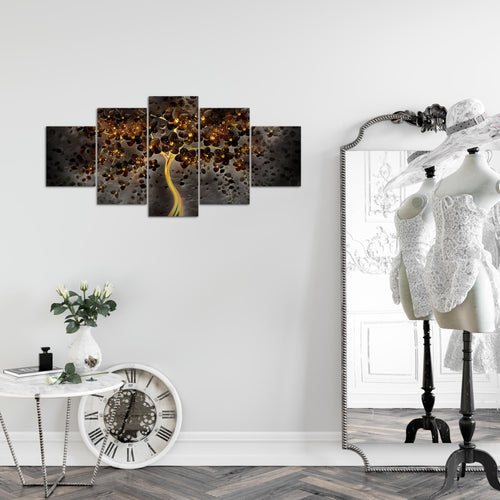 Runa Art Wandbilder Blumen 5 Teilig Bild auf Vlies Leinwand Deko Wohnzimmer Abstrakt Baum Schwarz Gold 039752c