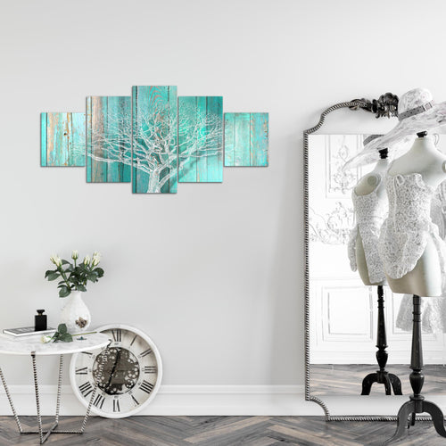 Runa Art Wandbilder Baum Abstrakt 5 Teilig Bild auf Vlies Leinwand Deko Wohnzimmer Holzmotiv Türkis Grau 039952c