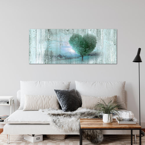 Runa Art Wandbild Herbst Vintage 1 Teilig 100 x 40 cm Modern Bild auf Vlies Leinwand Baum Herz Wohnzimmer Schlafzimmer Türkis 606512b