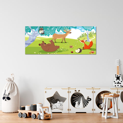Runa Art Wandbild Kinderzimmer Wald 1 Teilig 100 x 40 cm Modern Bild auf Vlies Leinwand Waldtiere Babyzimmer Spielzimmer Grün 001812c