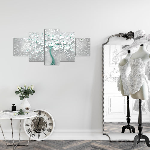Runa Art Wandbilder Blumen 5 Teilig Bild auf Vlies Leinwand Deko Wohnzimmer Abstrakt Baum Weiss Türkis 039752b