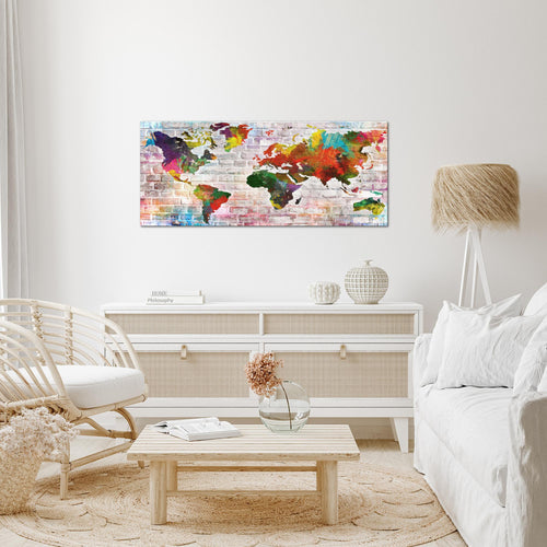 Runa Art Wandbild Weltkarte 1 Teilig 100 x 40 cm Modern Bild auf Vlies Leinwand Steinoptik Ziegel Büro Wohnzimmer Bunt 106912a