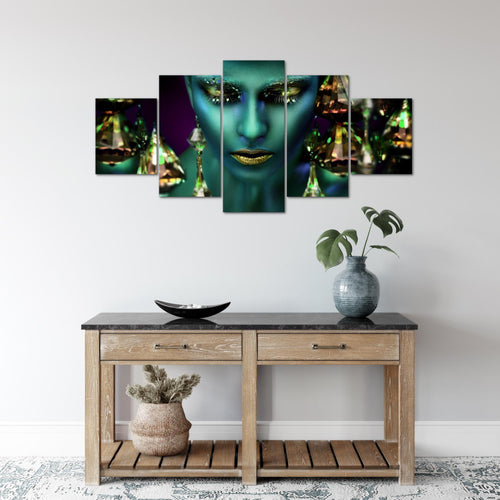 Runa Art Wandbilder Frau Gesicht Lippen 5 Teilig Bild auf Vlies Leinwand Deko Wohnzimmer Schlafzimmer Kosmetik Fashion Türkis Gold 042152a