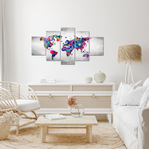 Runa Art Wandbilder Weltkarte 5 Teilig Bild auf Vlies Leinwand Deko Büro Wohnzimmer Vintage Kontinente Bunt 013352b