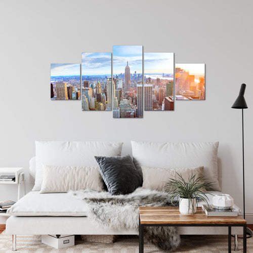 Runa Art Wandbilder New York Skyline 5 Teilig Bild auf Vlies Leinwand Deko Wohnzimmer Büro NY City Blau Beige 010252a