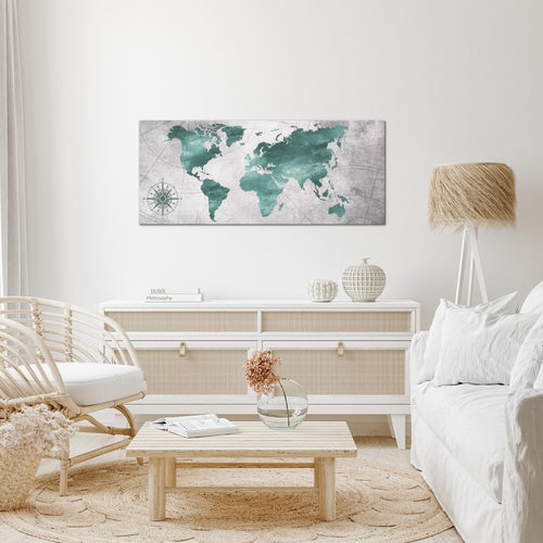 Runa Art Wandbild Weltkarte 1 Teilig 100 x 40 cm Modern Bild auf Vlies Leinwand Vintage Büro Wohnzimmer Grün Grau 026012c