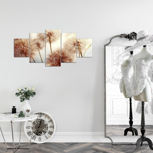 Runa Art Wandbilder Blumen Pusteblumen 5 Teilig Bild auf Vlies Leinwand Deko Wohnzimmer Natur Beige 042052b
