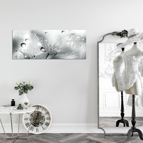 Runa Art Wandbild Blumen Pusteblumen 100 x 40 cm Modern Bild auf Vlies Leinwand Morgentau Wohnzimmer Schwarz Weiss 043112c