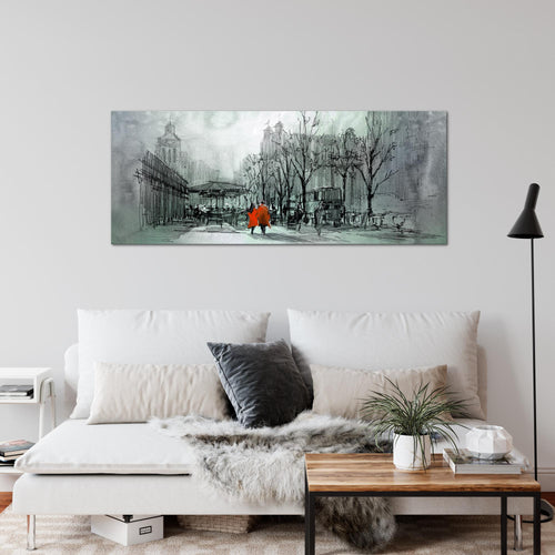 Runa Art Wandbild London 1 Teilig 100 x 40 cm Modern Bild auf Vlies Leinwand Abstrakt Wohnzimmer Schlafzimmer Türkis Rot 009712b
