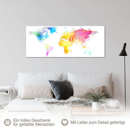 Runa Art Wandbild Weltkarte 100L x 40B cm Modern Bild auf Vlies Leinwand Bunt Wohnzimmer Schlafzimmer Büro Weltkarte Farben 057512a