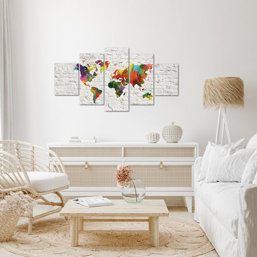 Runa Art Wandbilder Weltkarte 3D Effekt 5 Teilig Bild auf Vlies Leinwand Deko Büro Wohnzimmer Ziegel Bunt Weiss 106952b
