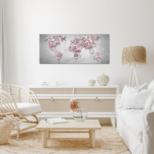 Runa Art Wandbild Weltkarte Blumen 1 Teilig 100 x 40 cm Modern Bild auf Vlies Leinwand Steinwand Wohnzimmer Grau Rosa 023212a
