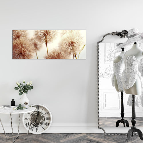 Runa Art Wandbild Blumen Pusteblumen 100 x 40 cm Modern Bild auf Vlies Leinwand Natur Wohnzimmer Beige 042012b