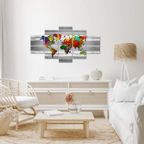 Runa Art Wandbilder Weltkarte 5 Teilig Bild auf Vlies Leinwand Deko Büro Wohnzimmer Kontinente Holz Bunt 105452b