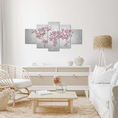 Runa Art Wandbilder Weltkarte Blumen 5 Teilig Bild auf Vlies Leinwand Deko Wohnzimmer Kontinente Rosa Grau 023252a