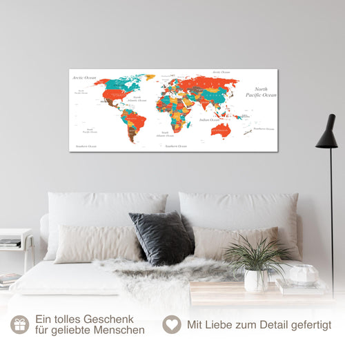 Runa Art Wandbild Weltkarte 100L x 40B cm Modern Bild auf Vlies Leinwand Türkis Orange Wohnzimmer Schlafzimmer Büro Weltkarte 057212a