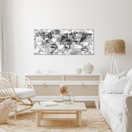 Runa Art Wandbild Weltkarte Banksy Collage 1 Teilig 100 x 40 cm Modern Bild auf Vlies Leinwand Pop Art Loft Wohnzimmer Grau 104512c
