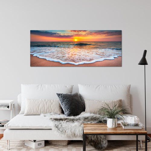 Runa Art Wandbild Strand Meer 100 x 40 cm Modern Bild auf Vlies Leinwand Sonnenuntergang Wohnzimmer Schlafzimmer Orange 044512a