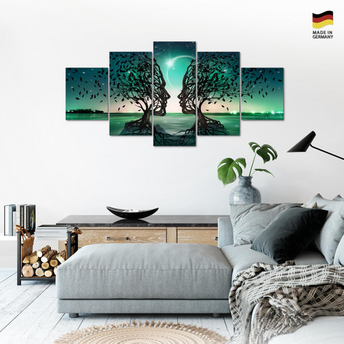 Runa Art Wandbilder Liebespaar 5 Teilig Bild auf Vlies Leinwand Deko Wohnzimmer Schlafzimmer Abstrakt Baum Türkis 044852a