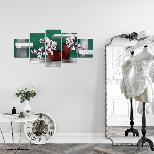 Runa Art Wandbilder Blumen Abstrakt 5 Teilig Bild auf Vlies Leinwand Deko Wohnzimmer Blumenvase Türkis Grau 035252b