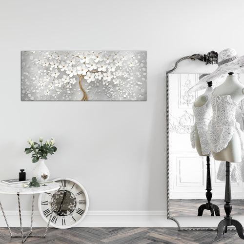 Runa Art Wandbild Blumen 1 Teilig 100 x 40 cm Modern Bild auf Vlies Leinwand Abstrakt Baum Wohnzimmer Weiss Gold 039712a