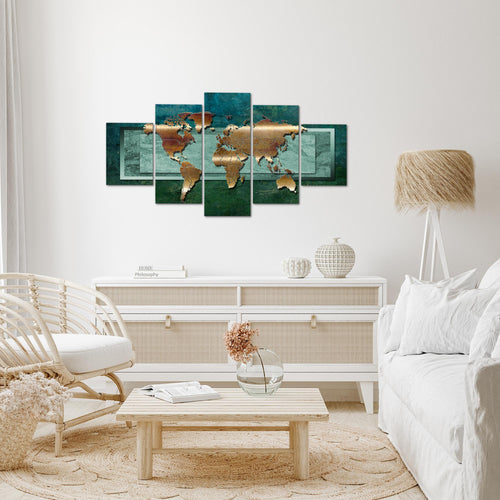 Runa Art Wandbilder Weltkarte 5 Teilig Bild auf Vlies Leinwand Deko Büro Wohnzimmer Landkarte metall Grün 106752b