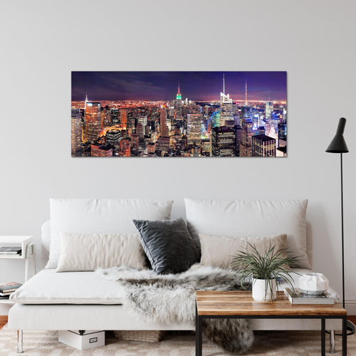 Runa Art Wandbild New York Skyline 1 Teilig 100 x 40 cm Modern Bild auf Vlies Leinwand Städte Wohnzimmer Büro Violett Lila 036212a
