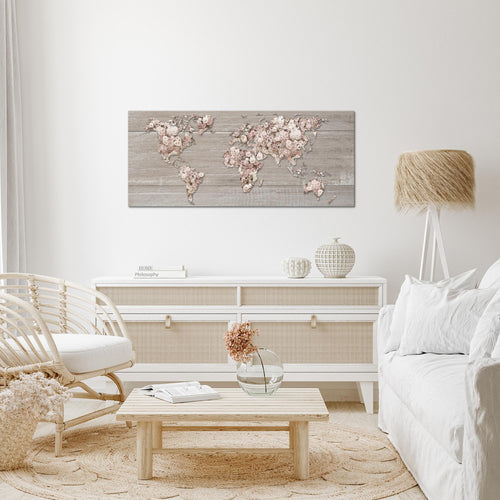 Runa Art Wandbild Weltkarte Blumen 1 Teilig 100 x 40 cm Modern Bild auf Vlies Leinwand Holzwand Wohnzimmer Beige Braun 023212c