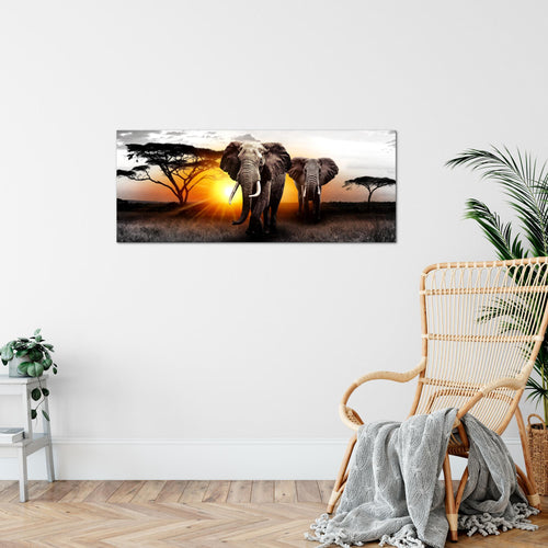 Runa Art Wandbild Afrika 100 x 40 cm Modern Bild auf Vlies Leinwand Orange Wohnzimmer Schlafzimmer Büro Elefanten 007612a